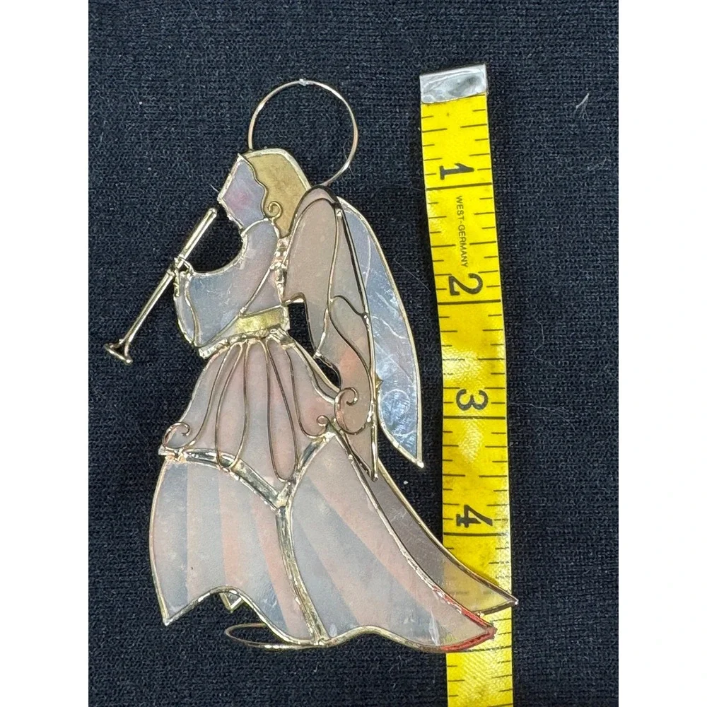 Vintage Iridescent Stained Glass Style Angel Trumpet Figurine Gold Wire Decor